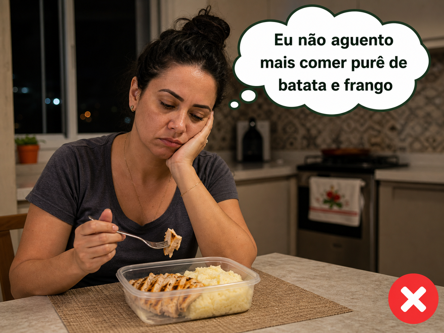 Mulher insatisfeita com uma marmita repetida