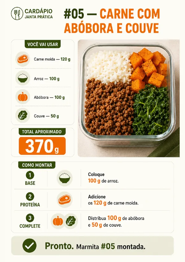 Combinação carne com abóbora e couve