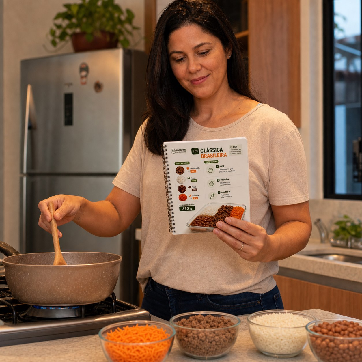 Mulher cozinhando enquanto consulta o Cardápio Janta Prática encadernado